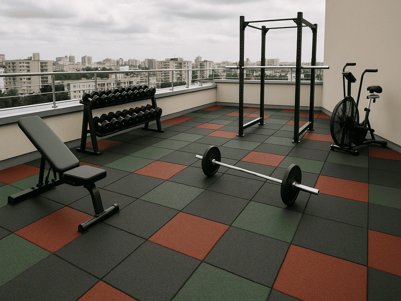 Eine schöne, mit dunkelgrauen Gummifliesen ausgelegte Terrasse mit Sitzgelegenheiten im Freien.